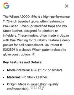 1995 Wilson A2000 Pro-1796 Taille 11.75 Cuir Rouge Tan Classique pour Lanceur/Infield